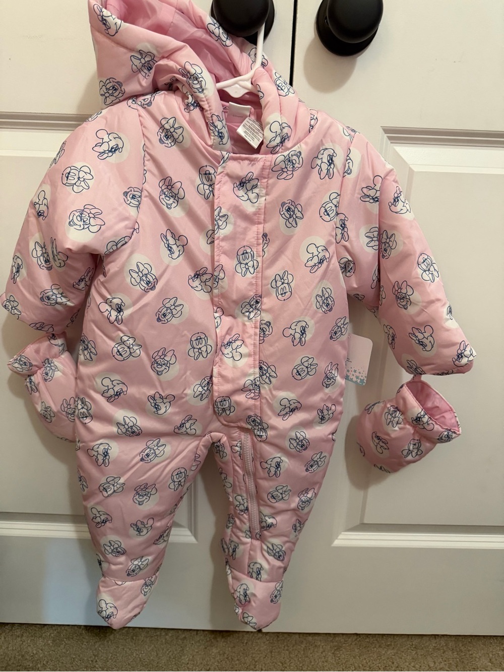 Disney Pink Infant Hooded Snowsuit with Navy Minnie Outline